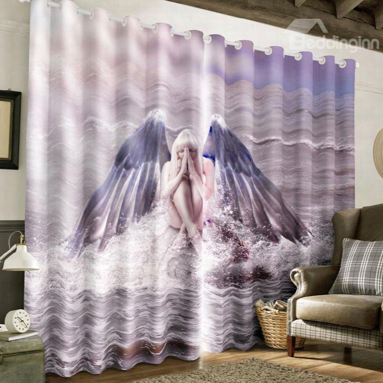 3d Charming Angel With Wings Printed Polyester 2 Panels Custom Window Drape