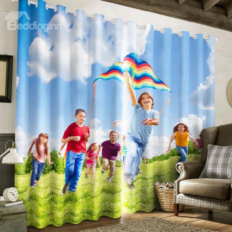 3d Children And Kite Under Blue Sk Printed 2 Panels Polyester Custom Living Room Curtain