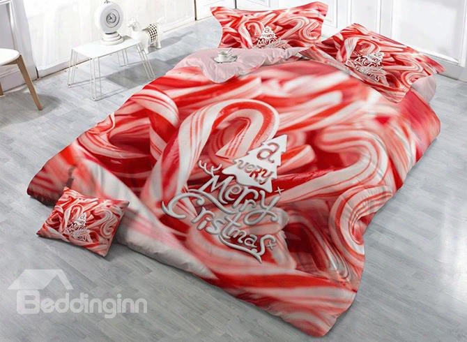 3d Christmas Candy Cane Printed Cotton 4-piece Bedding Sets/duvet Cover