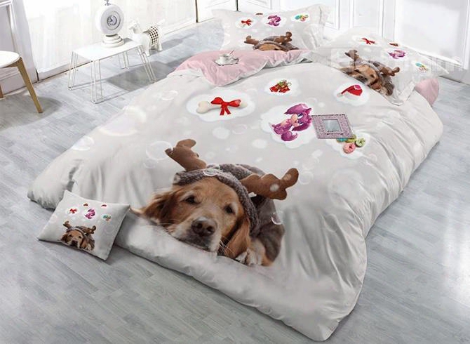 3d Christmas Sleepy Dog And Bubbles Printed Cotton 4-piece Bedding Sets/duvet Covers