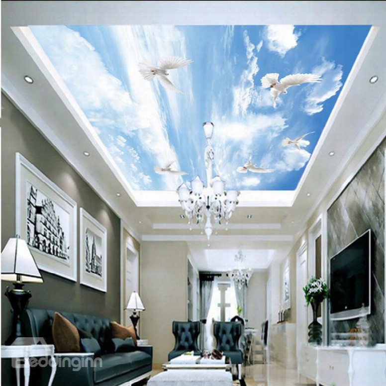 3d Doves Flying In Sky Printed Pvc Waterproof Sturdy Eco-friendly Self-adhesive Ceiling Murals