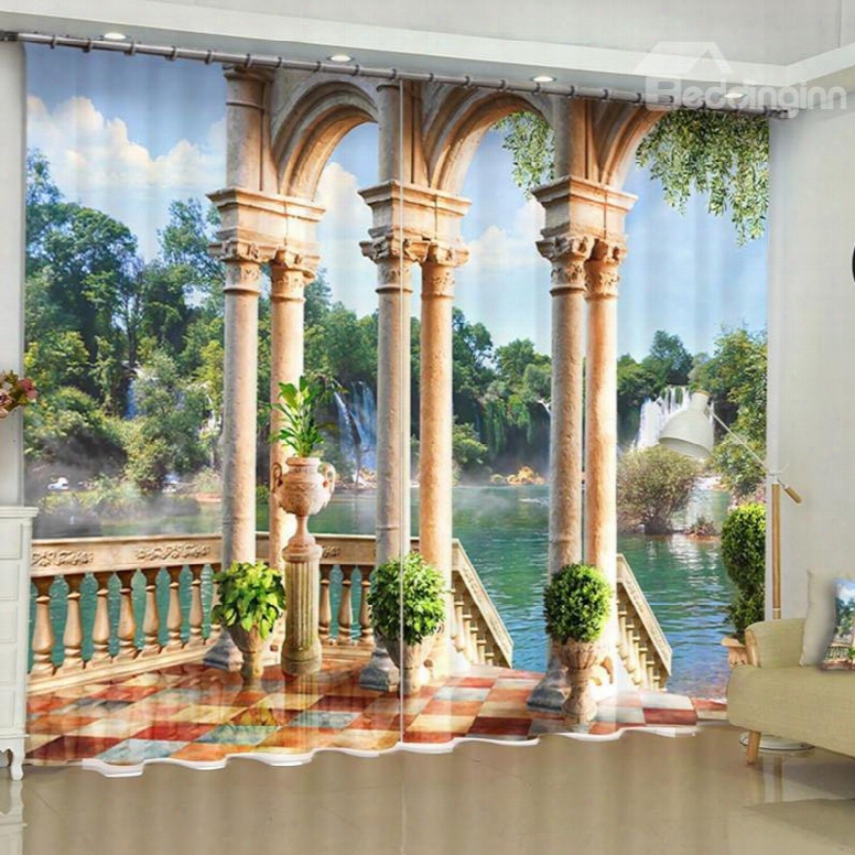 3d European Stone Column And Limpid River Printed 2 Panels Blackout Curtain