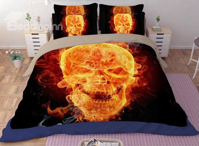 3d Fiery Flaming Skull Printed Polyester 4-piece Halloween Bedding Sets/duvet Covers