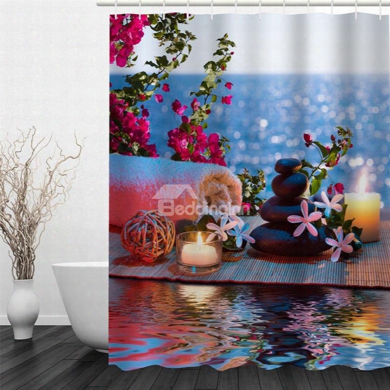 3d Flowers Stones Candles And Towel Polyester Waterproof And Eco-friendly Shower Curtain