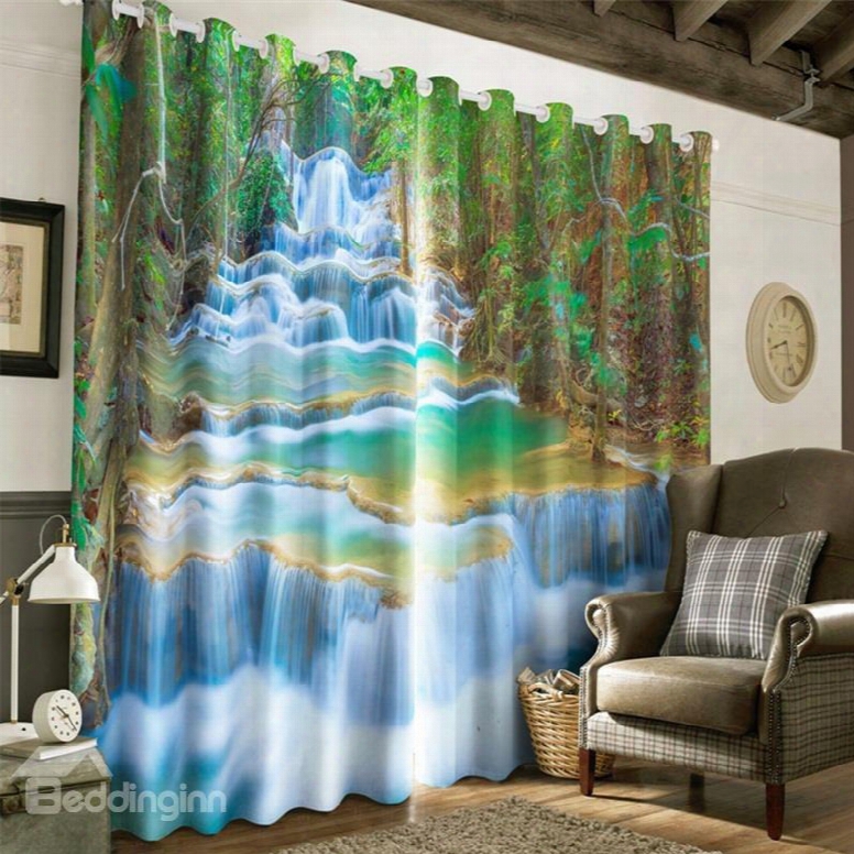 3d Flowing River And Old Forest Printed Natural Scenery Thermal Insulation Custom Curtain