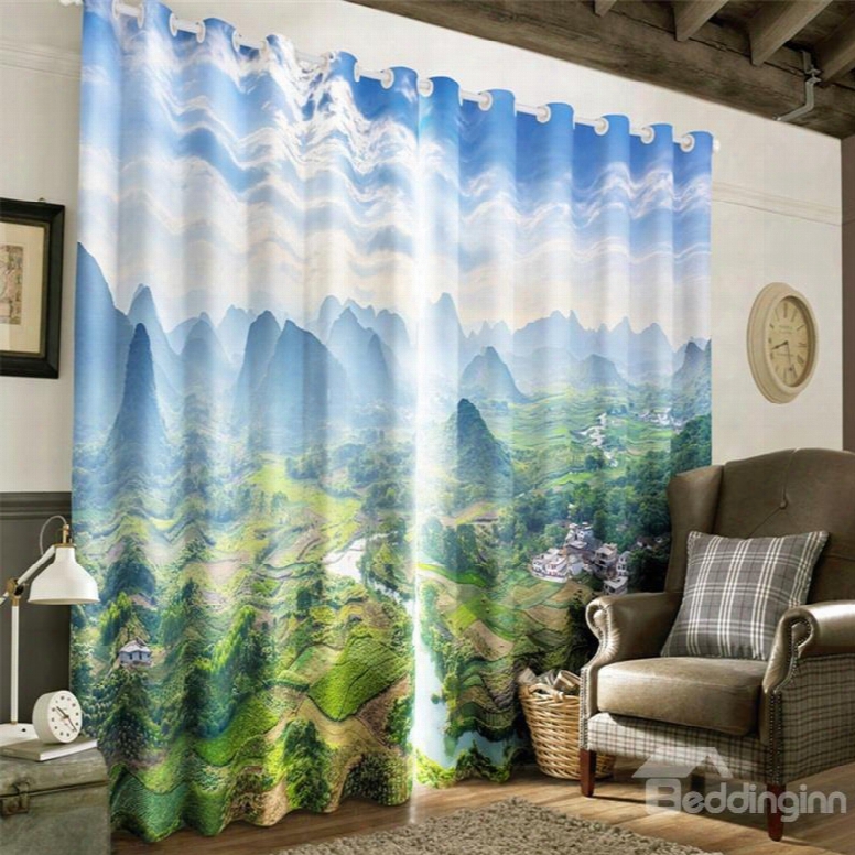 3d Flowing River Through Green And Brroad Grassland Printed Top View Grommet Top Curtain