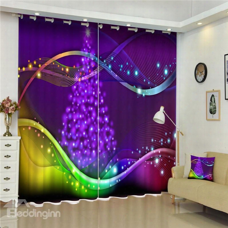 3d Fluent Music Notation And Christmas Trees Printed 2 Panels Custom Polyester Curtain