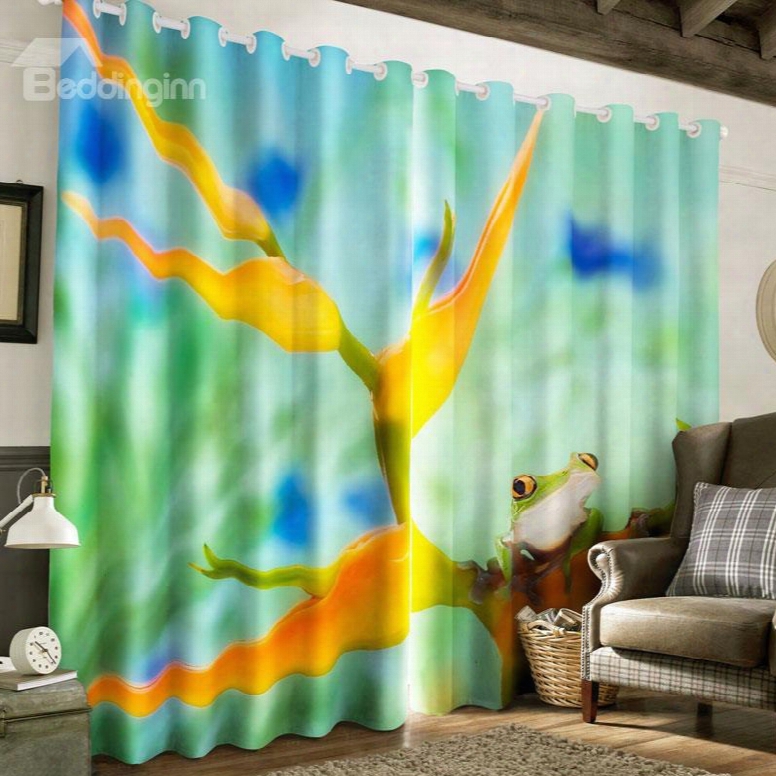 3d Frog And Yellow Flowers Printed 2 Panels Living Room Custom Curtain