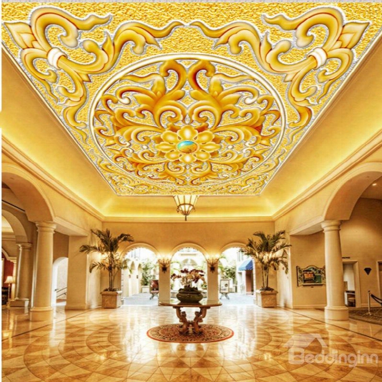 3d Golden Floral Pattern Pvc Waterproof Sturdy Eco-friendly Self-adhesive Ceiling Murals