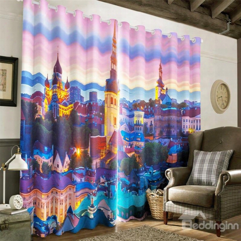 3d Grand Castles Printed Outstanding Scenery 2 Pieces Living Room Window Drape