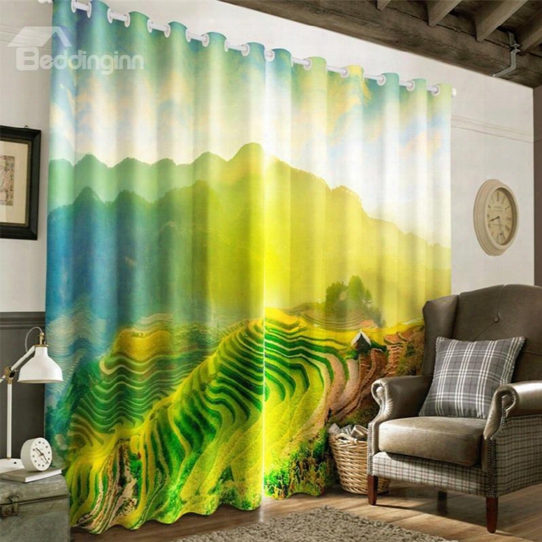 3d Gre En Terrace Fields And Soft Sunlight Printed 2 Panels Decorative And Blackout Curtain