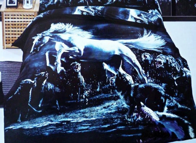 3d Jumping Horse And Wolves Printed Cotton 4-piece Bedding Sets/duvet Covers