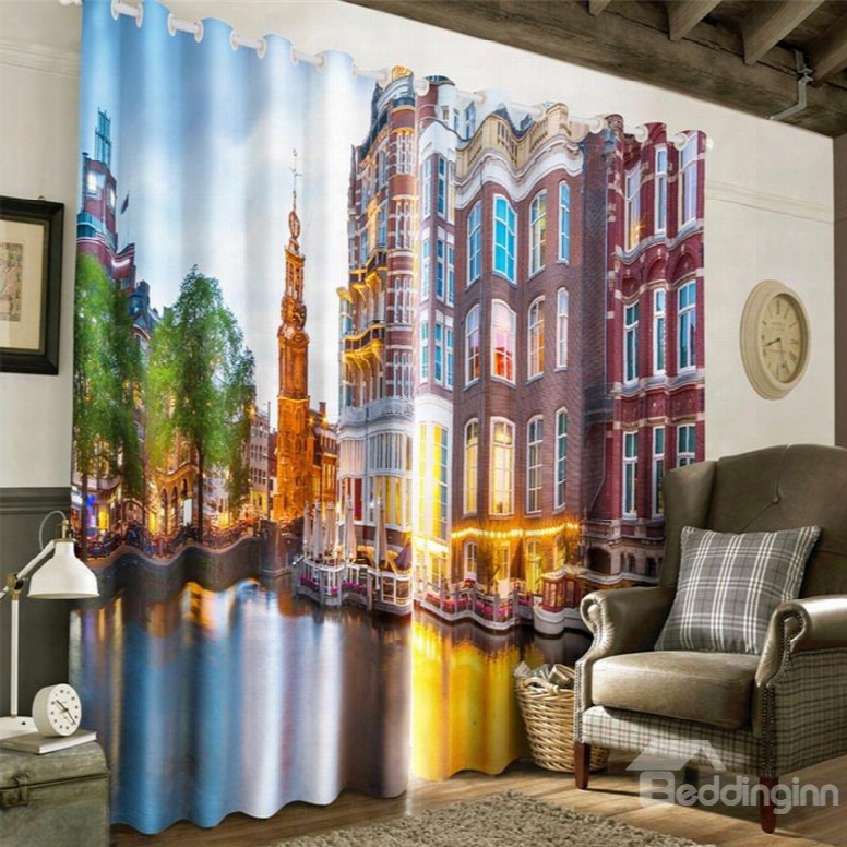 3d Modern City In The Water Printed 2 Panels Custom Grommet Top Curtain