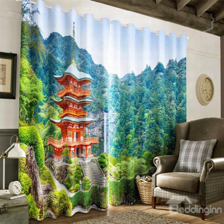 3d Pavilion In The Thick Forest Printed 2 Panels Living Room Custom Curtain