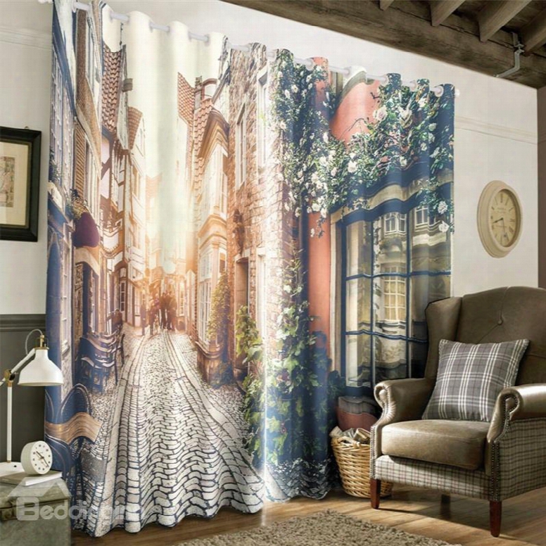 3d Peaceful European Buildings And Road Printed 2 Panels Custom Living Room Curtain