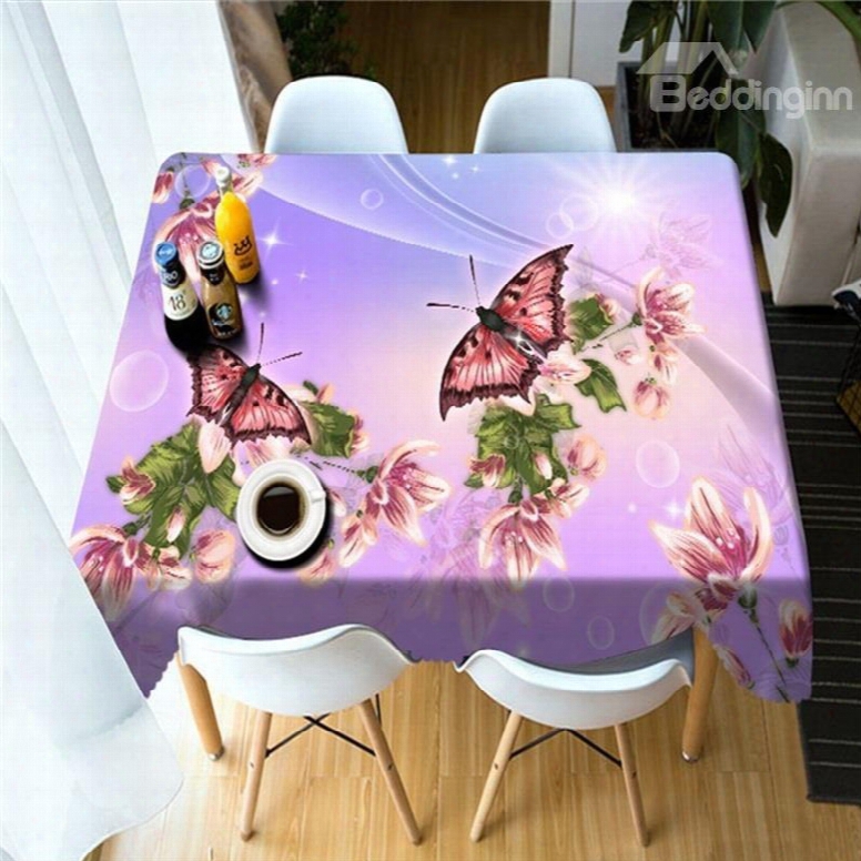 3d Pink Flowers And Beautiful Butterflies Printed Pastoral Style Table Cover