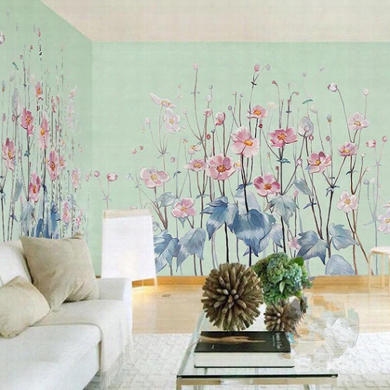 3d Pink Flowers Pvc Sturdy Waterproof Eco-friendly Self-adhesive Light Green Wall Mural