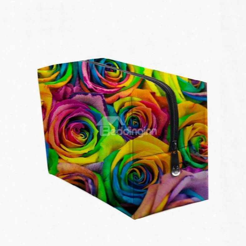 3d Portable Colorful Roses Printed Pv Cosmetic Bag