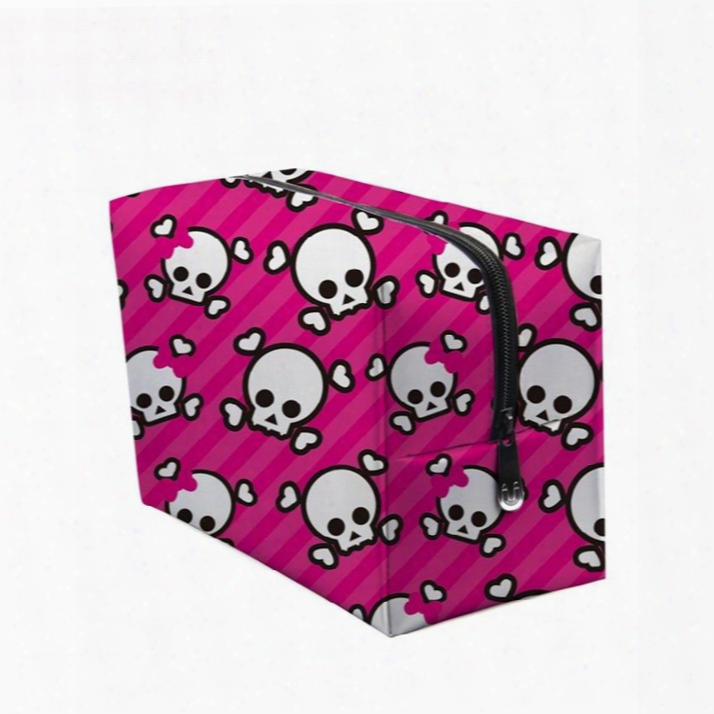 3d Portable Cute Skulls Printed Pv Rose Red Cosmetic Bag