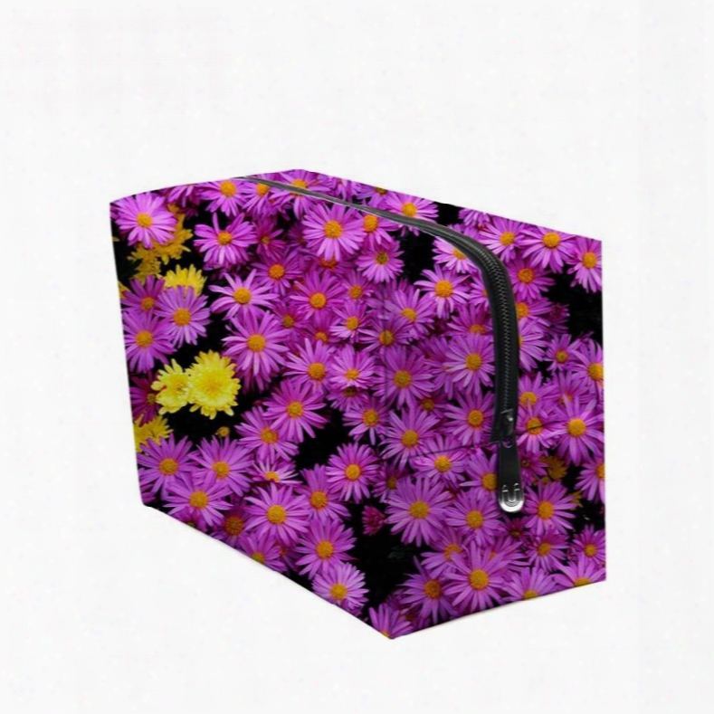 3d Portable Purple Daisies Printed Pv Cosmetic Bag