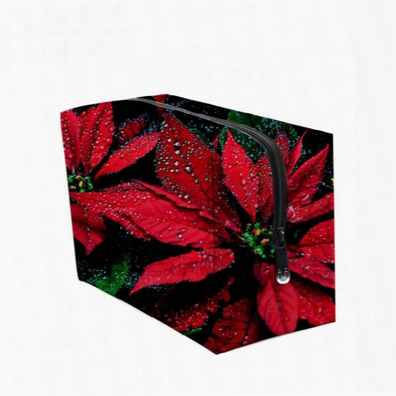 3d Portable Red Bromeliads Printed Pv Cosmetic Bag