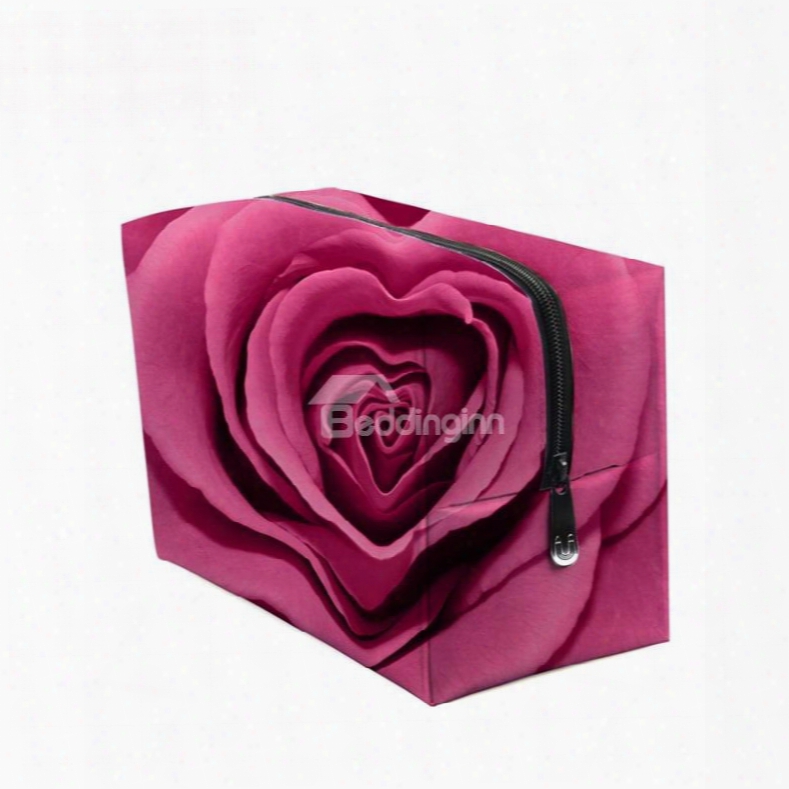 3d Portable Red Heart Shape Rose Printed Pv Cosmetic Bag