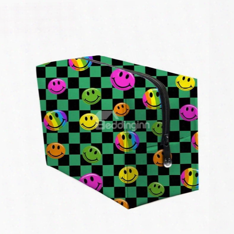 3d Portable Smiling Faces Printed Pv Green Cosmetic Bag