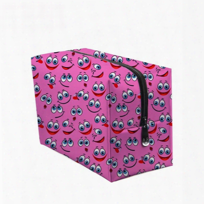 3d Portable Smiling Faces With Big Eyes Printed Pv Pink Cosmetic Bag