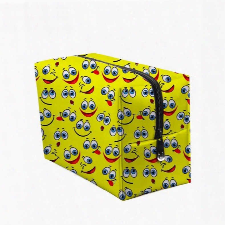 3d Portable Smiling Faces With Big Eyes Printed Pv Yellow Cosmetic Bag