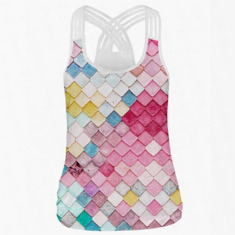 3d Print Sleeveless Vest Rhombus Rainbow Pattern Round Neck Tank Top