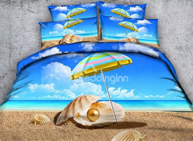 3d Rainbow Colored Umbrella And Shells Printed Cotton 4-piece Bedding Sets/duvet Covers