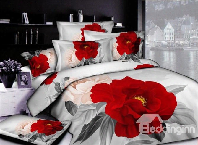 3d Red Peony Printed Luxury Cotton 4-piece Bedding Sets/duvet Cover