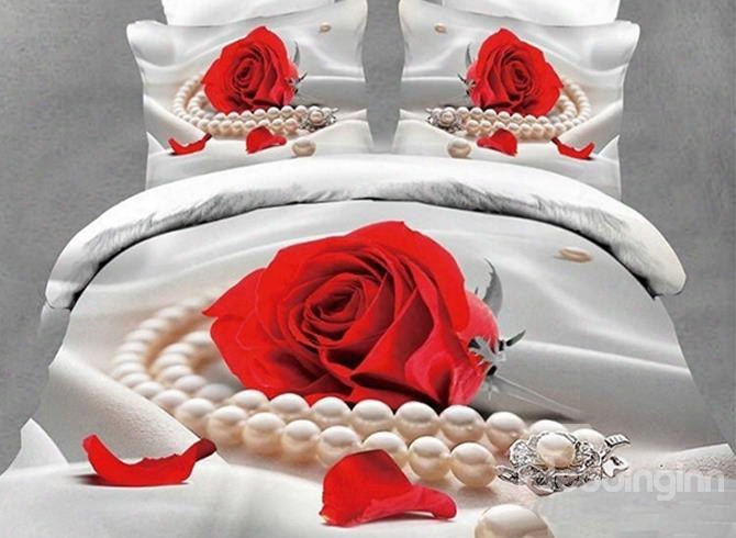 3d Red Rose And Pearls Printed Cotton 4-piece White Bedding Sets/duvet Covers