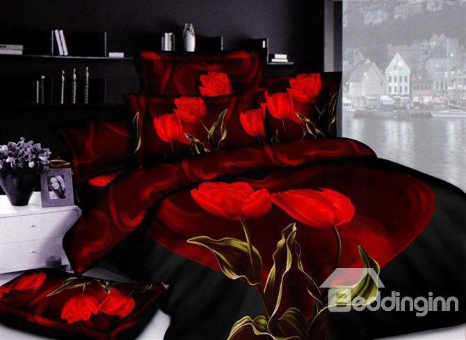 3d Red Tulips Printed Cotton 4-piece Bedding Sets/duvet Covers