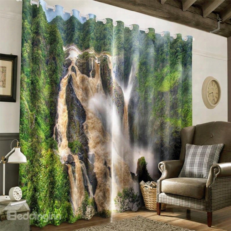 3d Rolling Waterfalls And Green Forest Printed 2 Panels Grommet Top Curtain