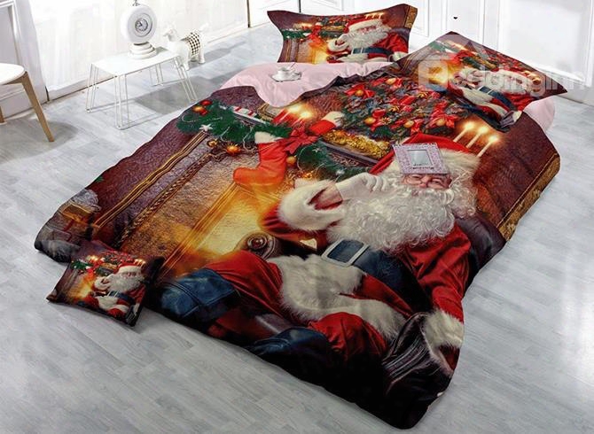 3d Santa In Red Suit Christmas Candles Cotton 4-piece Bedding Sets/duvet Cover