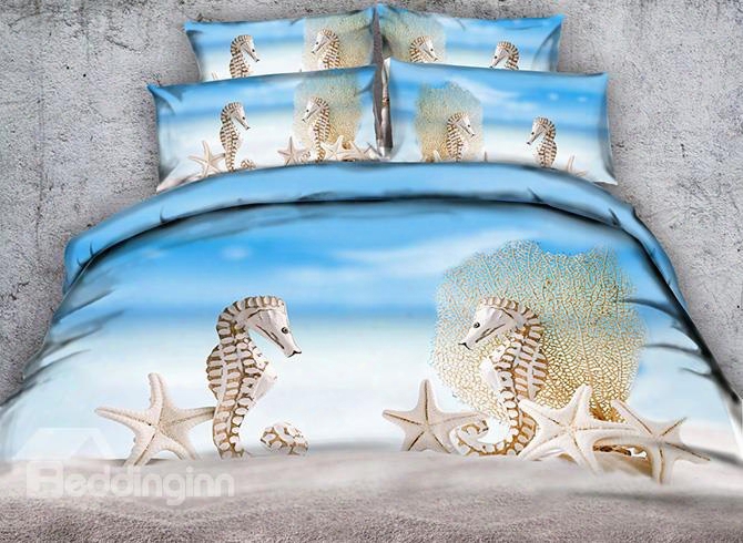 3d Sea Horse And Starfish Printed Cotton 4-piece Bedding Sets/duvet Covers