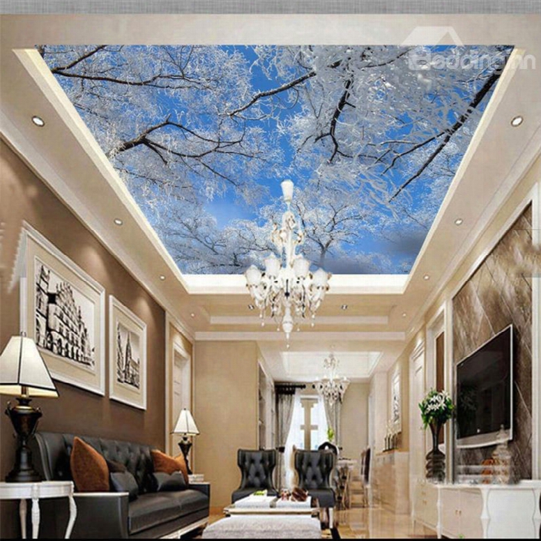 3d Snow On Branches And Blue Sky Waterproof Durable And Eco-friendly Celiing Murals