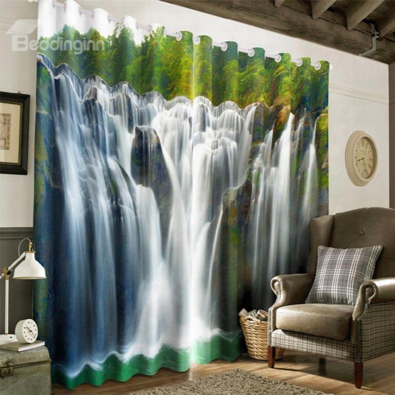 3d Surging Waterfalls And Steep Rocks Printed Natural Scenery Custom Curtain