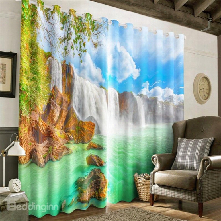 3d Surging Waves And Blue Sky Printed Decorative Custom Window Drapes