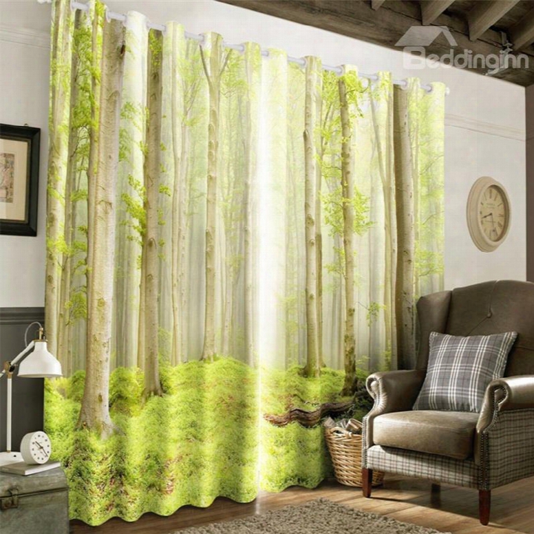 3d Tall Branches And Verdant Grass Printed 2 Pieces Decorative And Blackout Curtain