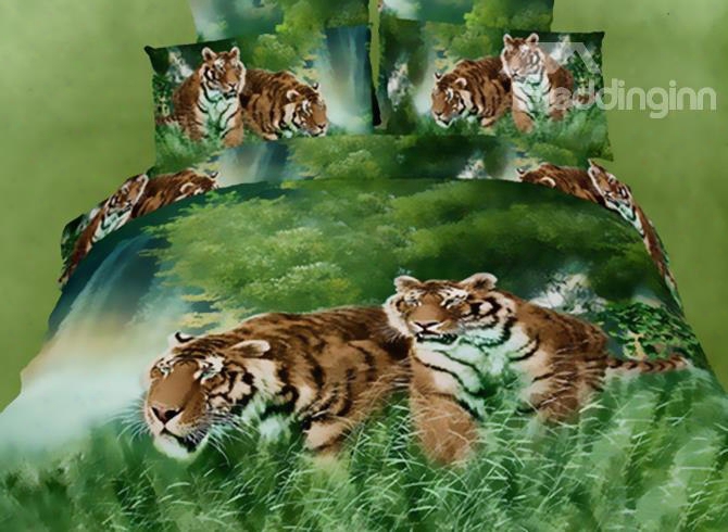 3d Tiger In The Jungle Printed Cotton 4-piece Bedding Sets/duvet Covers