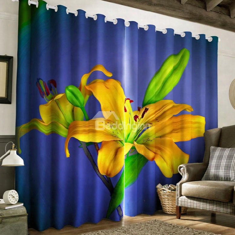 3d Vivid And Fresh Yellow Lily Flowers Printed 2 Panels Custom Living Room Curtain