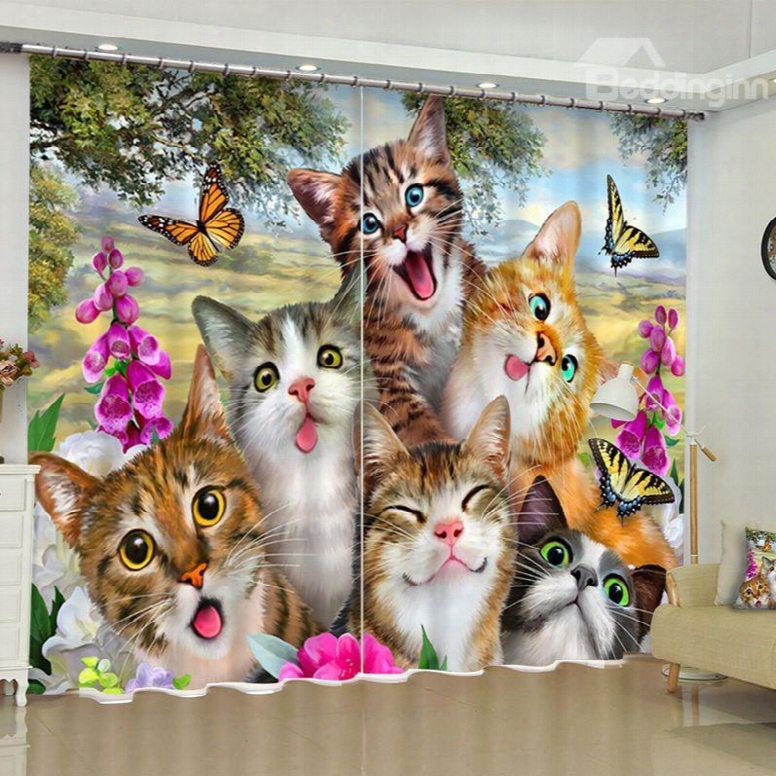 3d Vivid And Lovely Cats Printed 2 Panels Grommet Top Curtain For Living Room