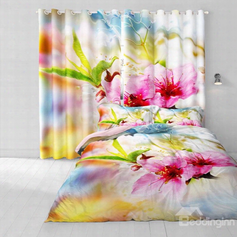 3d Vivid Peach Flowers Printed 2 Panels Living Room And Bedroom Cuurtain