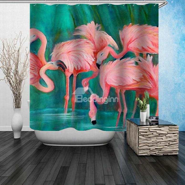 3d Waterproof Flamingos In Water Printed Polyester Shower Curtain