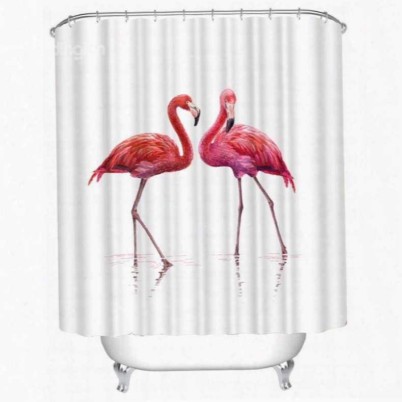 3d White Backgroundwith Flamingos Printed Polyester Waterproof Antibacterial And Eco-friendly Shower Curtain