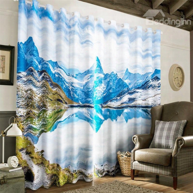 3d White Ice-berg And Peaceful Lake Printed 2 Panels Living Room And Bedroom Curtain