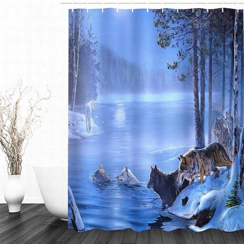 3d Wolves Printed Polyester Waterproof Ande Co-friendly Shower Curtain