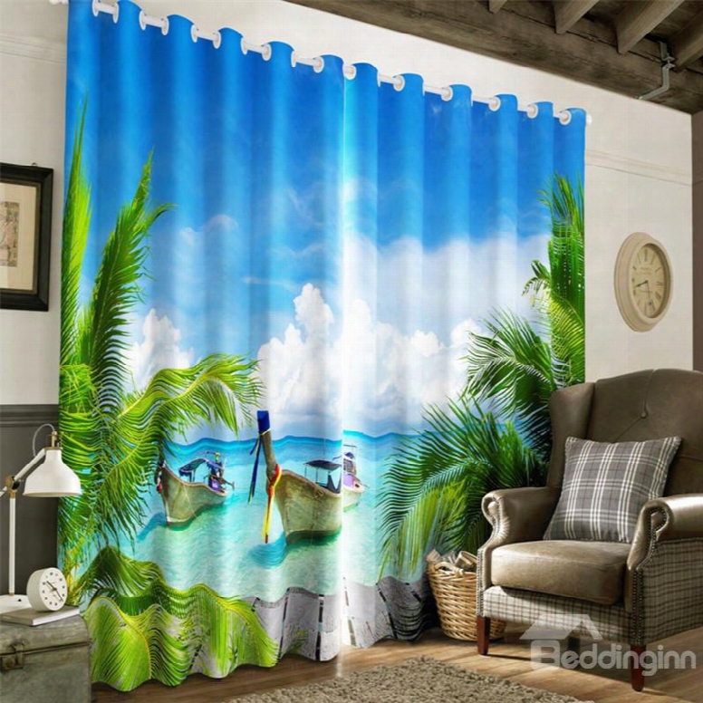 3d Wwooden Boats And Blue Sky With Clean Water Printed  Panels Grommet Top Curtain